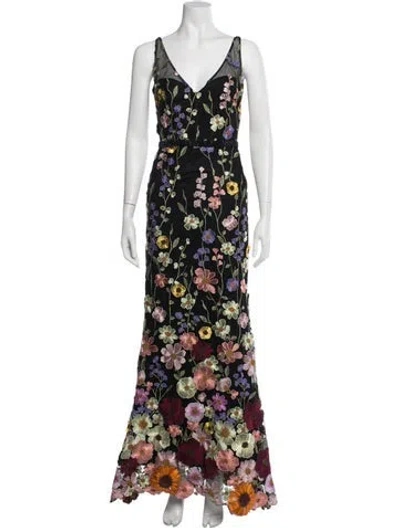 Pre-owned Mac Duggal Floral Print Long Dress In Black