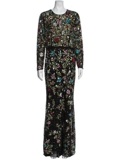 Pre-owned Mac Duggal Floral Print Long Dress In Black