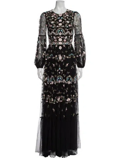 Pre-owned Mac Duggal Floral Print Long Dress In Black
