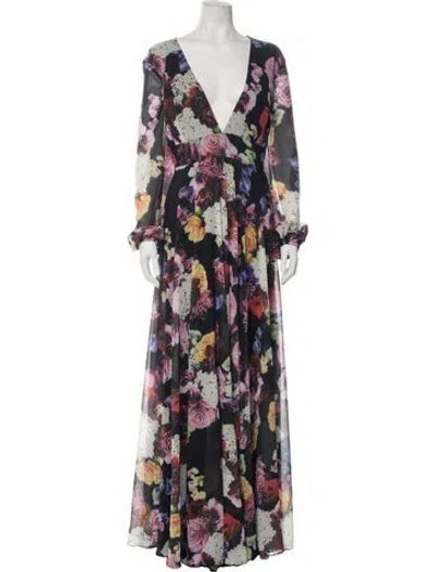 Pre-owned Mac Duggal Floral Print Long Dress In Black