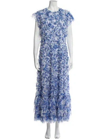 Pre-owned Mac Duggal Floral Print Long Dress In Blue