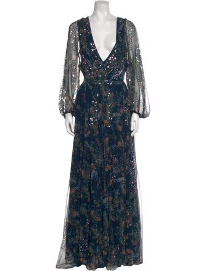 Pre-owned Mac Duggal Floral Print Long Dress In Blue