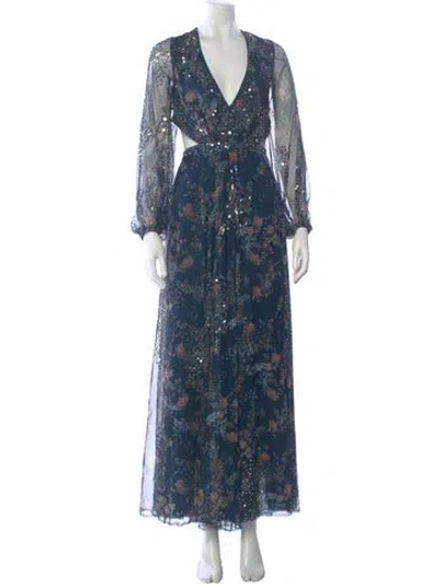 Pre-owned Mac Duggal Floral Print Long Dress In Blue