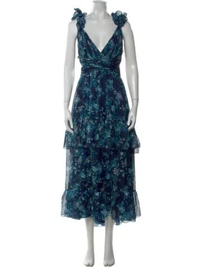Pre-owned Mac Duggal Floral Print Long Dress In Blue