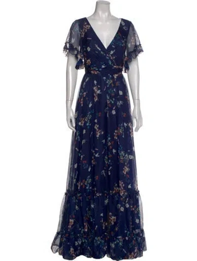 Pre-owned Mac Duggal Floral Print Long Dress In Blue