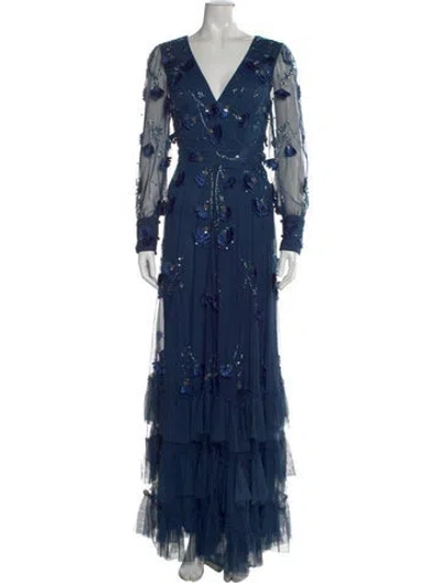 Pre-owned Mac Duggal Floral Print Long Dress In Blue