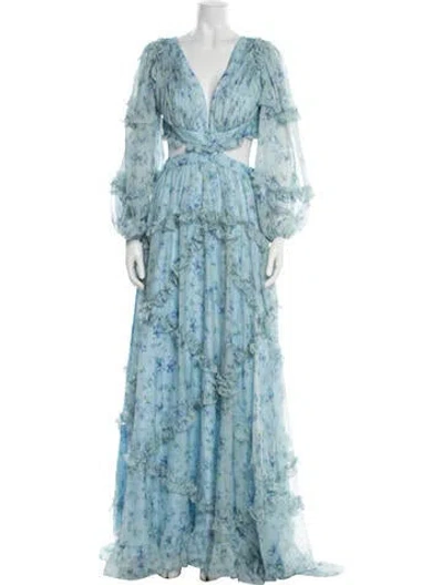 Pre-owned Mac Duggal Floral Print Long Dress In Blue