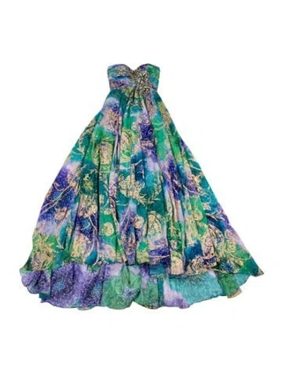 Pre-owned Mac Duggal Floral Print Long Dress In Blue