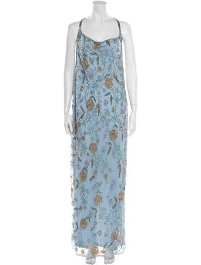 Pre-owned Mac Duggal Floral Print Long Dress In Blue