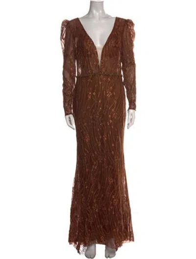 Pre-owned Mac Duggal Floral Print Long Dress In Brown