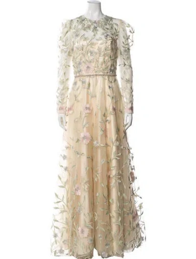 Pre-owned Mac Duggal Floral Print Long Dress In Gold