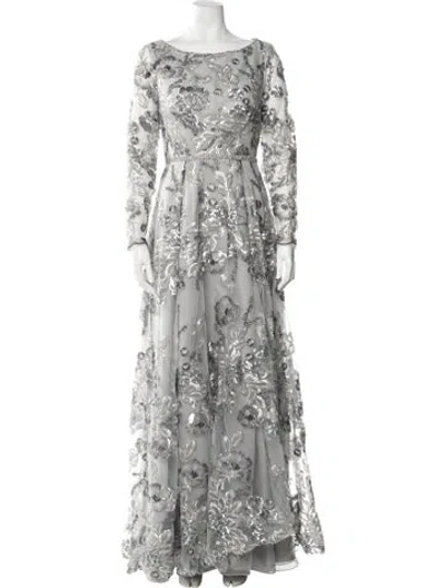 Pre-owned Mac Duggal Floral Print Long Dress In Gray