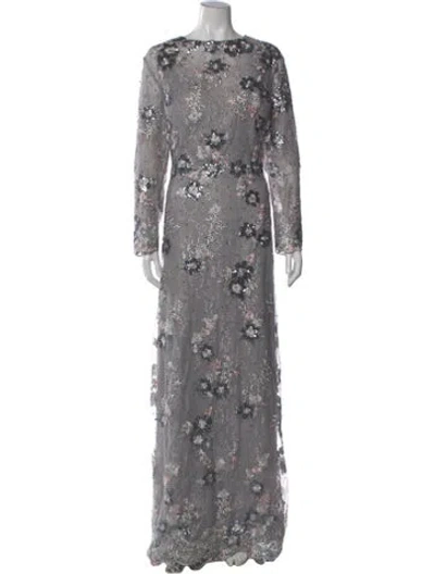 Pre-owned Mac Duggal Floral Print Long Dress In Gray