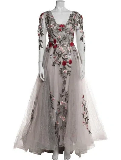 Pre-owned Mac Duggal Floral Print Long Dress In Gray