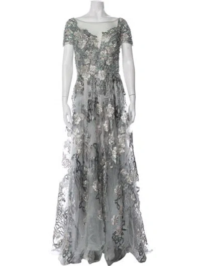 Pre-owned Mac Duggal Floral Print Long Dress In Gray