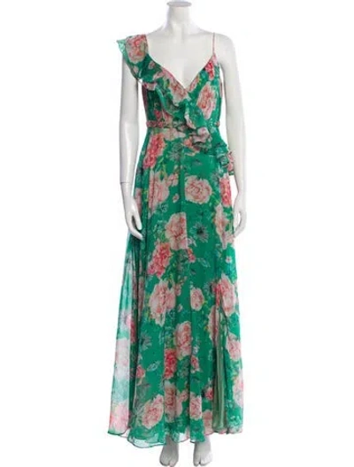 Pre-owned Mac Duggal Floral Print Long Dress In Green