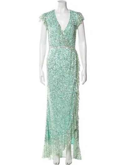 Pre-owned Mac Duggal Floral Print Long Dress In Green