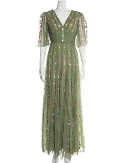 Pre-owned Mac Duggal Floral Print Long Dress In Green