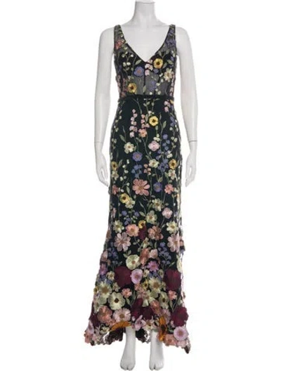 Pre-owned Mac Duggal Floral Print Long Dress In Green