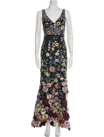 Pre-owned Mac Duggal Floral Print Long Dress In Green