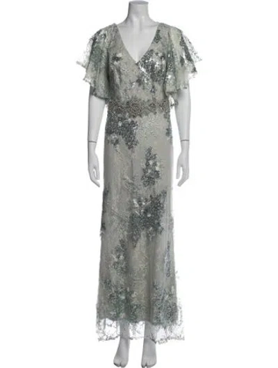 Pre-owned Mac Duggal Floral Print Long Dress In Green
