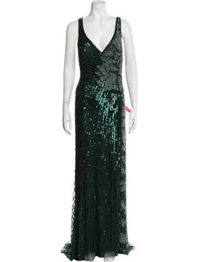 Pre-owned Mac Duggal Floral Print Long Dress In Green