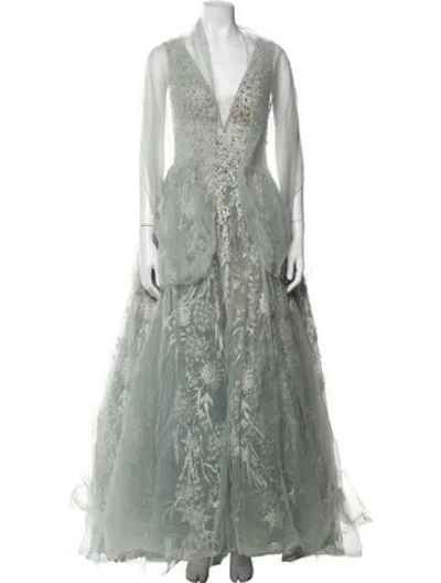 Pre-owned Mac Duggal Floral Print Long Dress In Green