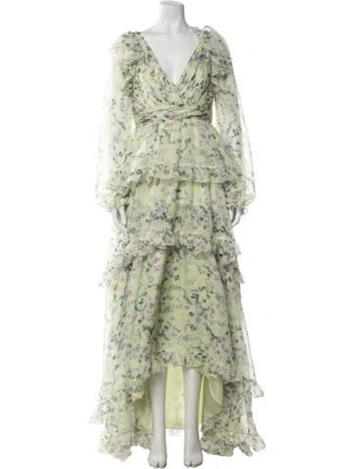 Pre-owned Mac Duggal Floral Print Long Dress In Green