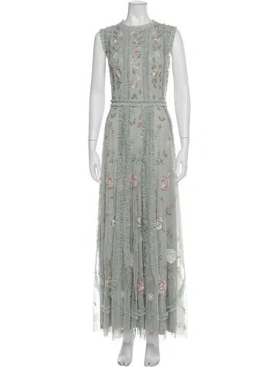Pre-owned Mac Duggal Floral Print Long Dress In Green