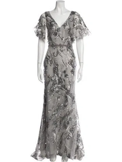 Pre-owned Mac Duggal Floral Print Long Dress In Grey
