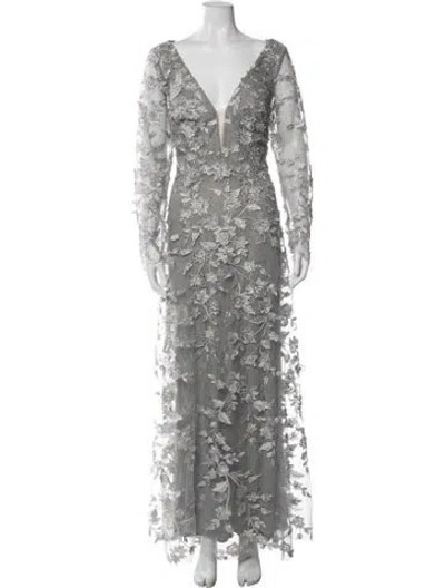 Pre-owned Mac Duggal Floral Print Long Dress In Grey/metallic