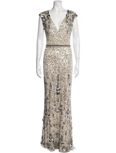 Pre-owned Mac Duggal Floral Print Long Dress In Neutral