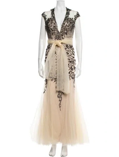 Pre-owned Mac Duggal Floral Print Long Dress In Neutrals