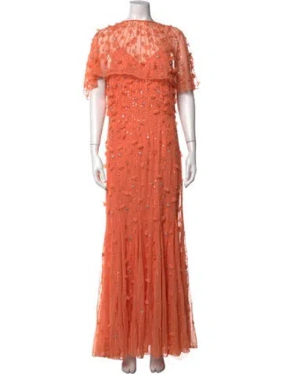 Pre-owned Mac Duggal Floral Print Long Dress In Orange