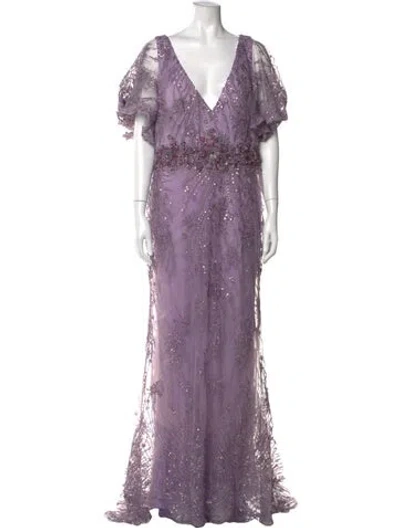 Pre-owned Mac Duggal Floral Print Long Dress In Purple