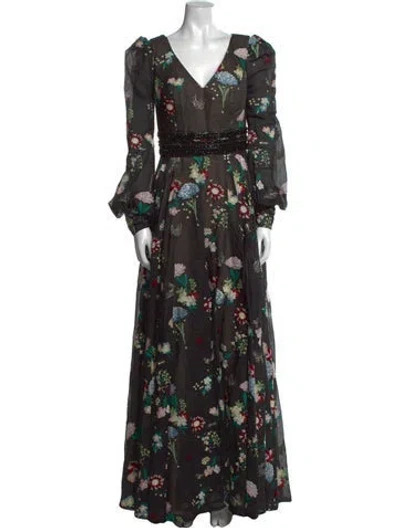 Pre-owned Mac Duggal Floral Print Long Dress W/ Tags In Black