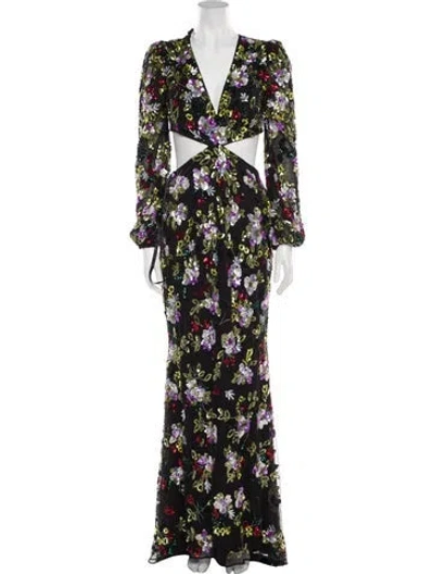 Pre-owned Mac Duggal Floral Print Long Dress W/ Tags In Black