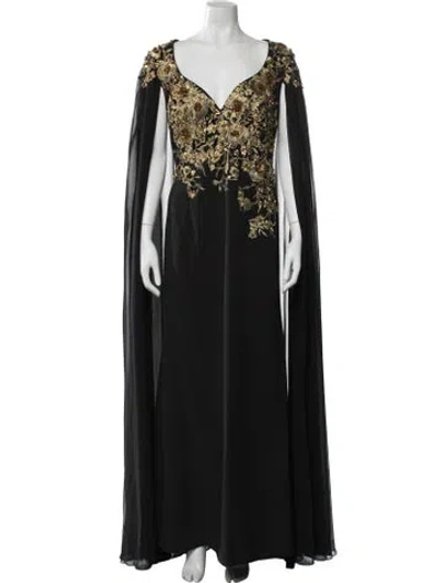 Pre-owned Mac Duggal Floral Print Long Dress W/ Tags In Black