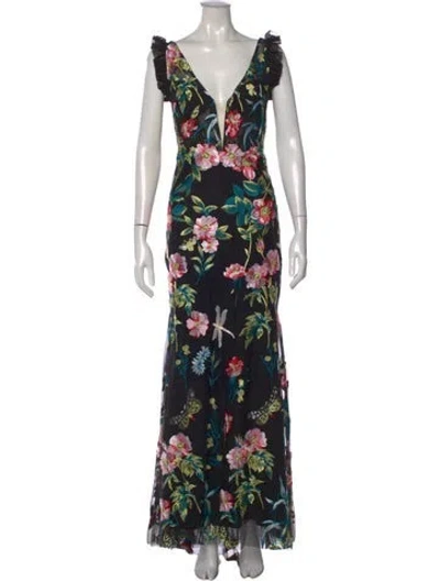 Pre-owned Mac Duggal Floral Print Long Dress W/ Tags In Black