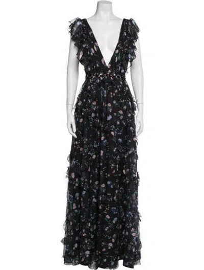 Pre-owned Mac Duggal Floral Print Long Dress W/ Tags In Black