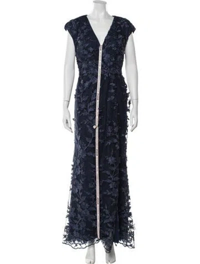 Pre-owned Mac Duggal Floral Print Long Dress W/ Tags In Blue