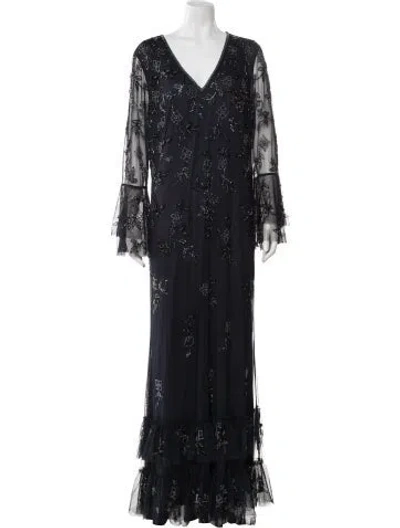 Pre-owned Mac Duggal Floral Print Long Dress W/ Tags In Blue
