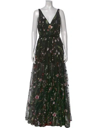 Pre-owned Mac Duggal Floral Print Long Dress W/ Tags In Green