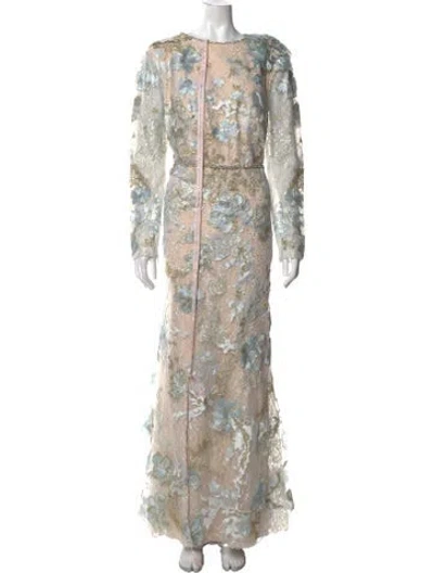 Pre-owned Mac Duggal Floral Print Long Dress W/ Tags In Neutrals