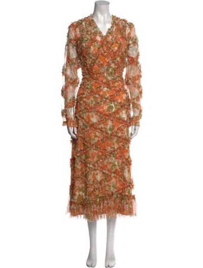 Pre-owned Mac Duggal Floral Print Long Dress W/ Tags In Orange