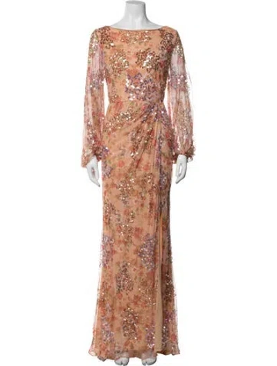 Pre-owned Mac Duggal Floral Print Long Dress W/ Tags In Orange