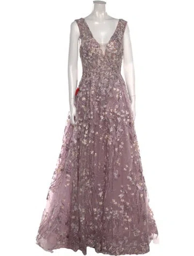 Pre-owned Mac Duggal Floral Print Long Dress W/ Tags In Purple