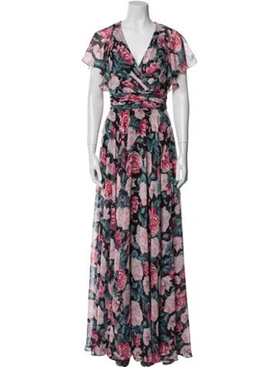 Pre-owned Mac Duggal Floral Print Long Dress W/ Tags In Red