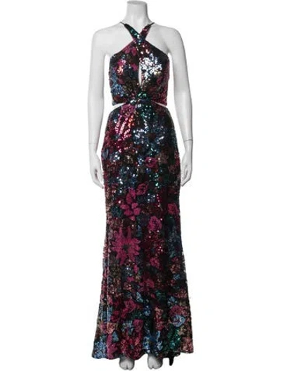 Pre-owned Mac Duggal Floral Print Long Dress W/ Tags In Red