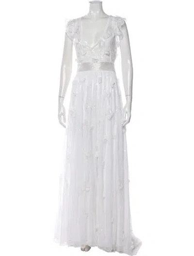 Pre-owned Mac Duggal Floral Print Long Dress W/ Tags In White